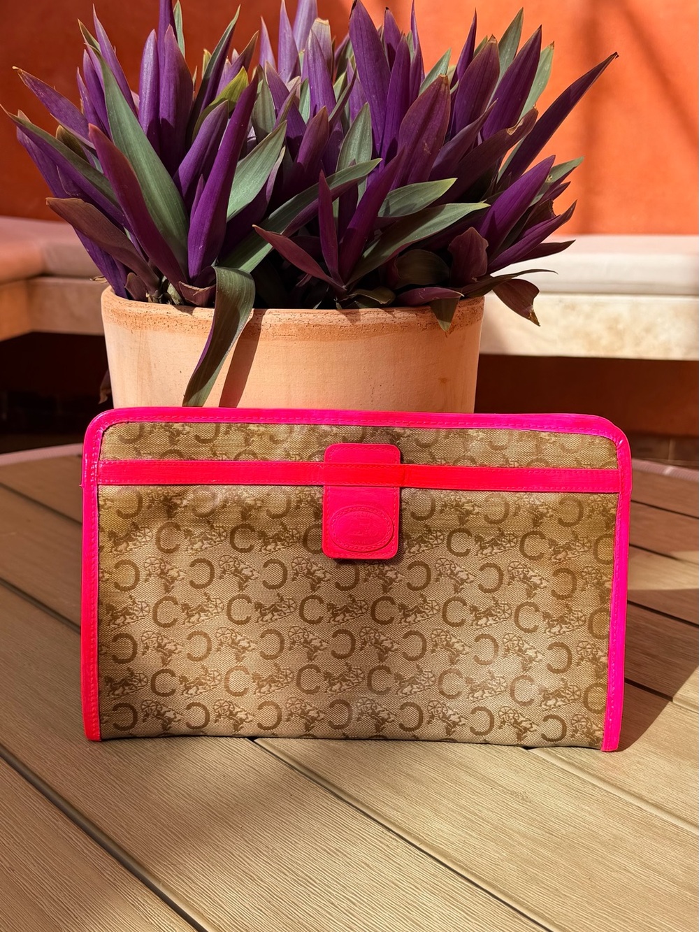 Celine Monogram Clutch Custom Vintage with Hot Pink Trim